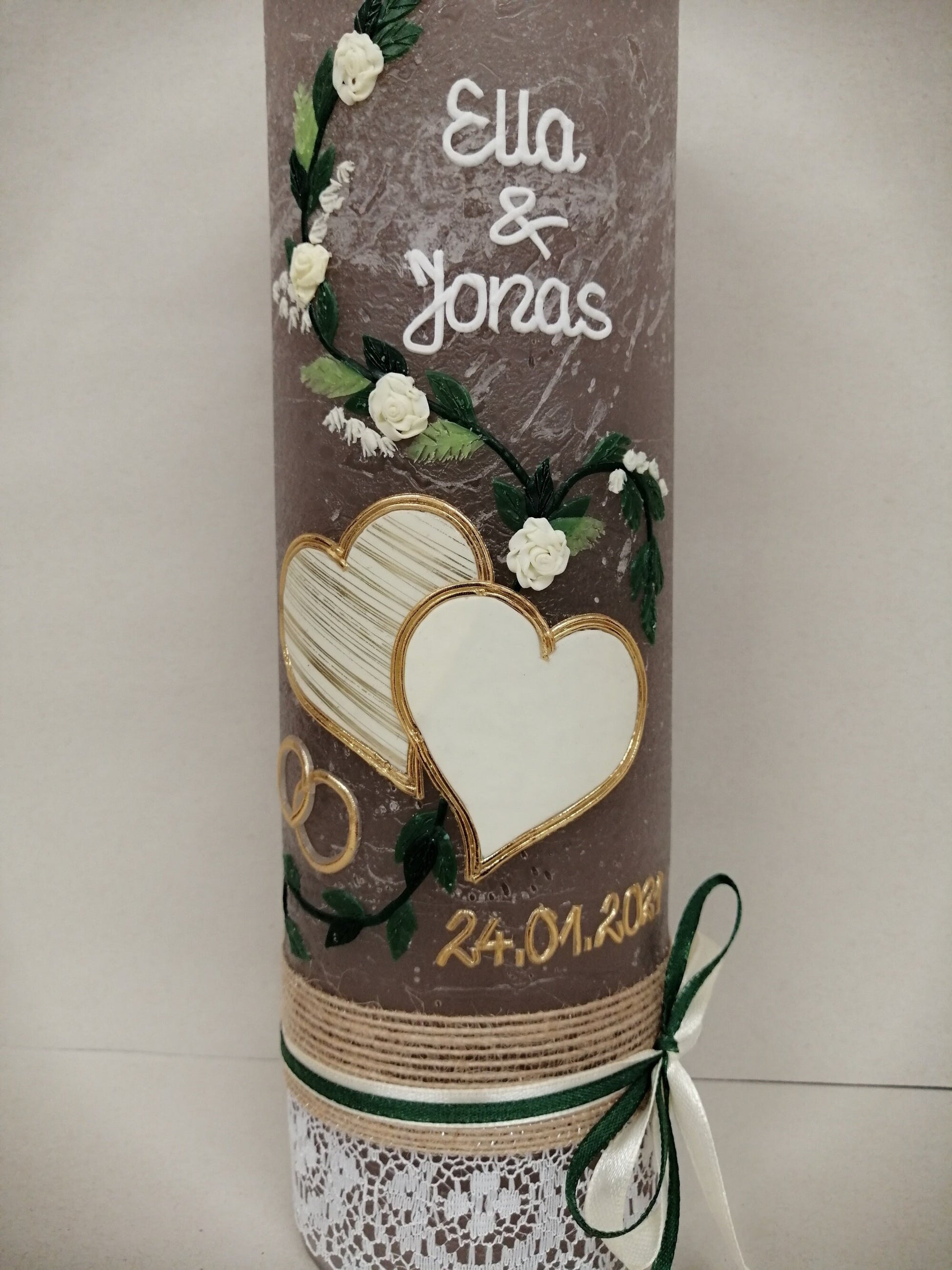 Hochzeitskerze Rustikal, Rustic Wedding Candle with Vintage Charm, Hochzeitkerze, Brautkerze, Liebende Herzen, inkl Wachsbeschriftung