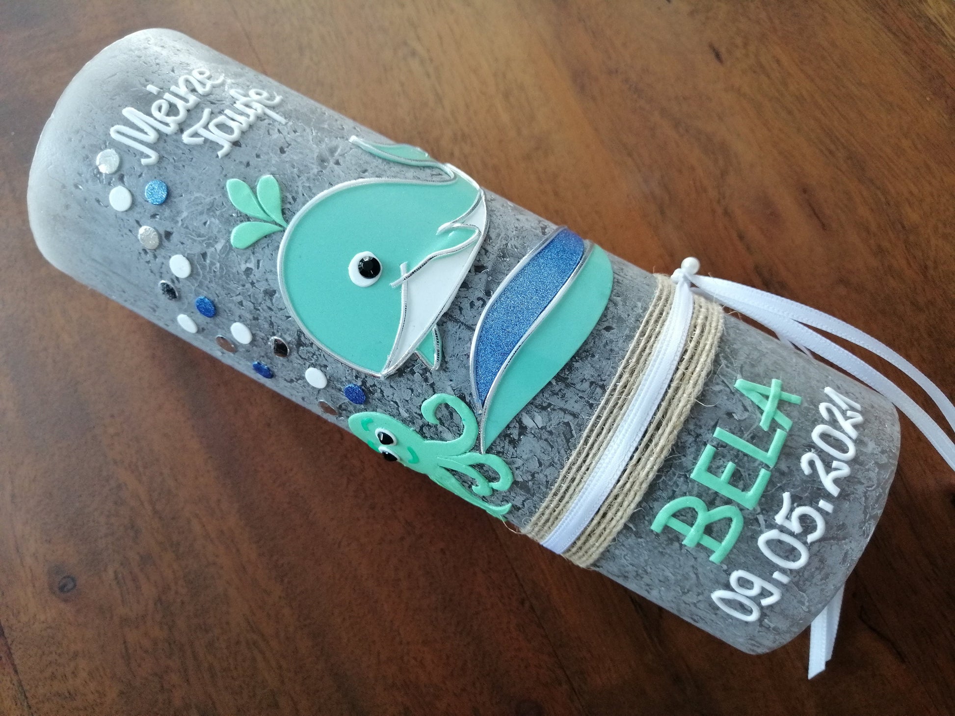 Taufkerze Wal, Oktopus, Rustikal RUSTICA, VINTAGE-Look, SHABBY, Mädchen, Junge, Kerze, keine Folie, Wachsbeschriftung, Farbwünsche möglich