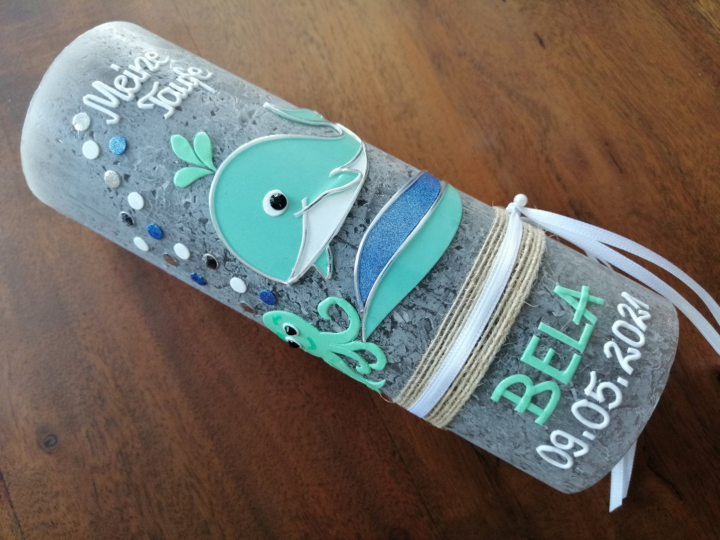 Taufkerze Wal, Oktopus, Rustikal RUSTICA, VINTAGE-Look, SHABBY, Mädchen, Junge, Kerze, keine Folie, Wachsbeschriftung, Farbwünsche möglich