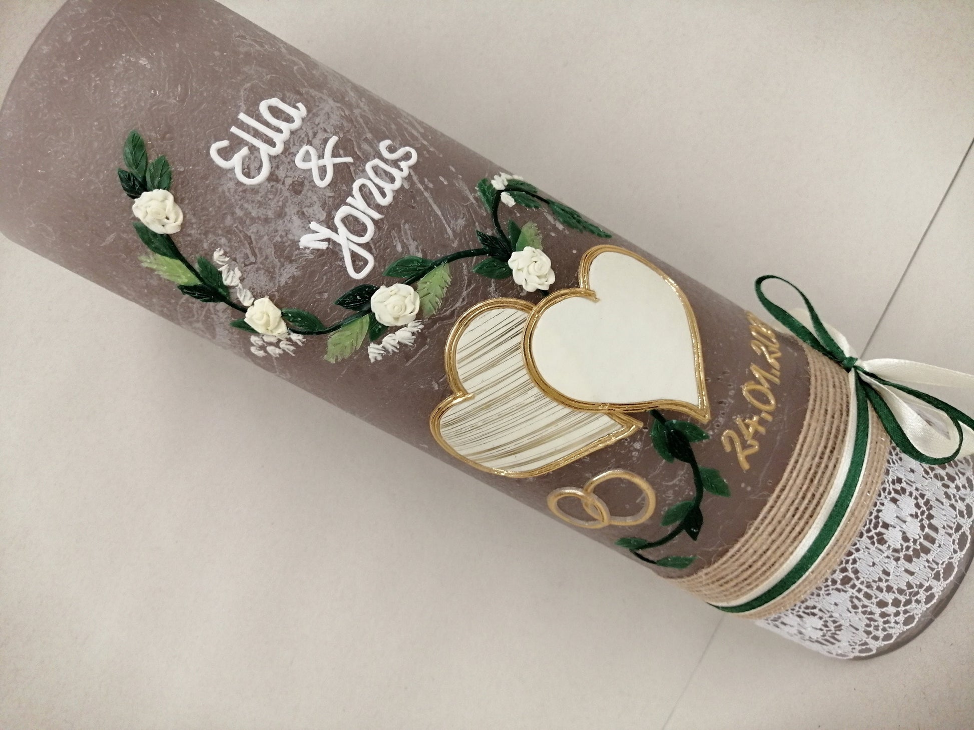 Hochzeitskerze Rustikal, Rustic Wedding Candle with Vintage Charm, Hochzeitkerze, Brautkerze, Liebende Herzen, inkl Wachsbeschriftung