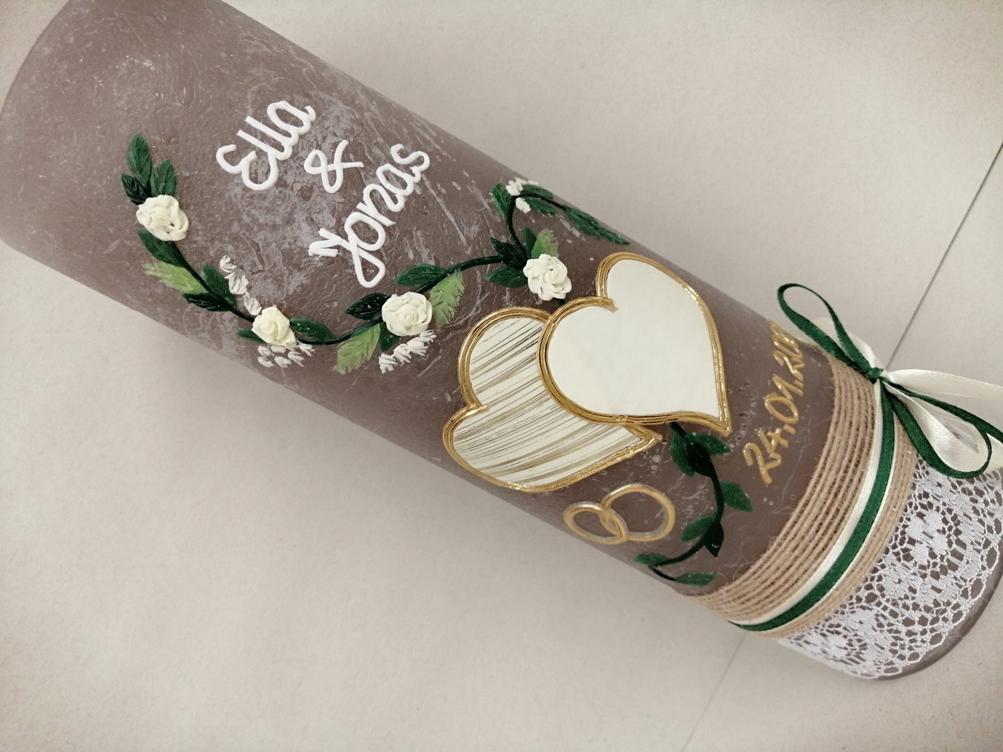 Hochzeitskerze Rustikal, Rustic Wedding Candle with Vintage Charm, Hochzeitkerze, Brautkerze, Liebende Herzen, inkl Wachsbeschriftung