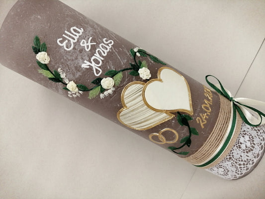 Hochzeitskerze Rustikal, Rustic Wedding Candle with Vintage Charm, Hochzeitkerze, Brautkerze, Liebende Herzen, inkl Wachsbeschriftung