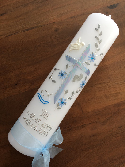 Taufkerze, Kreuz, Mädchen, Junge, hellblau, blau, Kerze, Taufe, keine Folie, inkl. handgefertigter Wachsbeschriftung