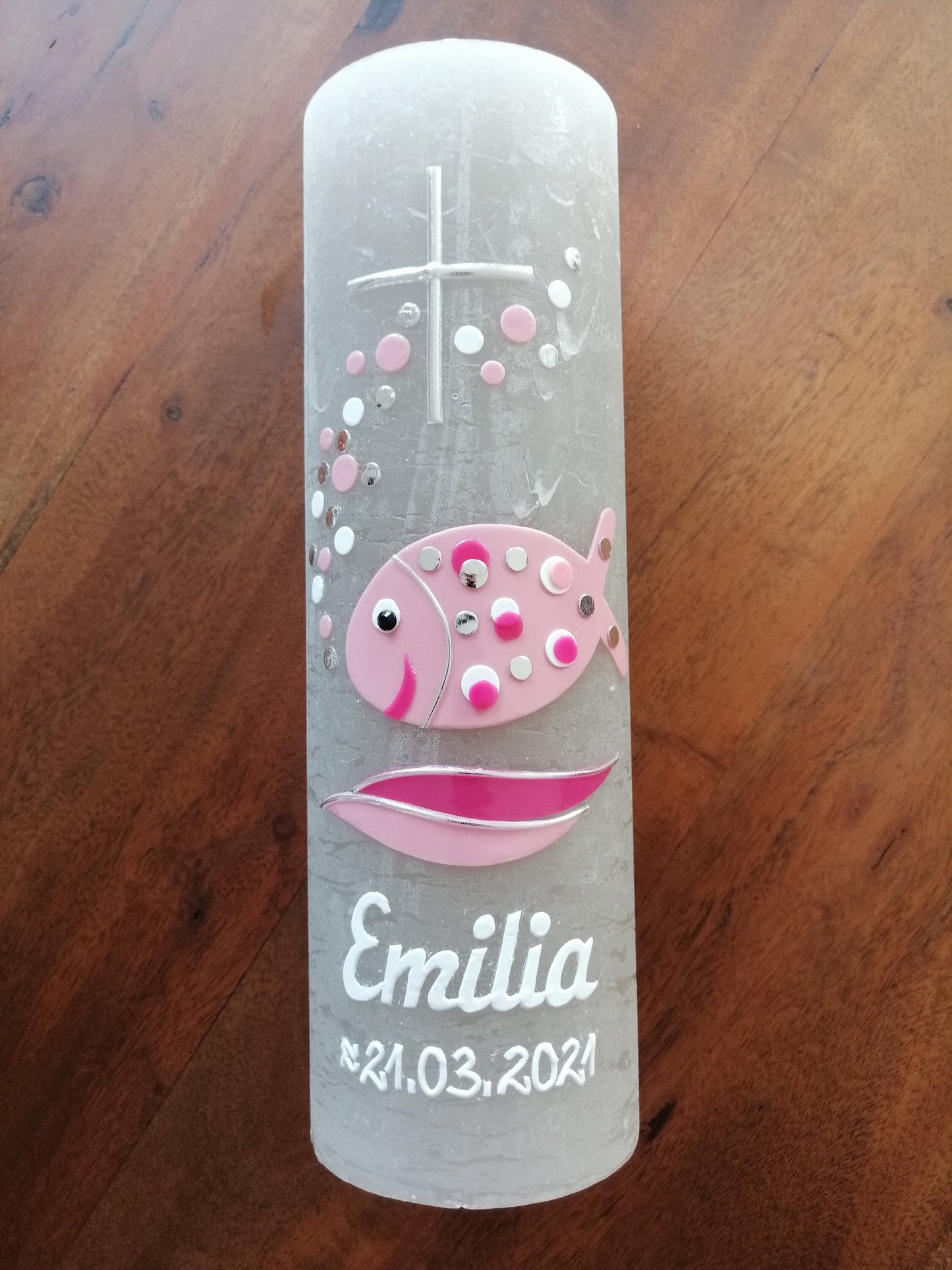 Taufkerze Mädchen,Fisch, Rustikal, rosa, Kreuz