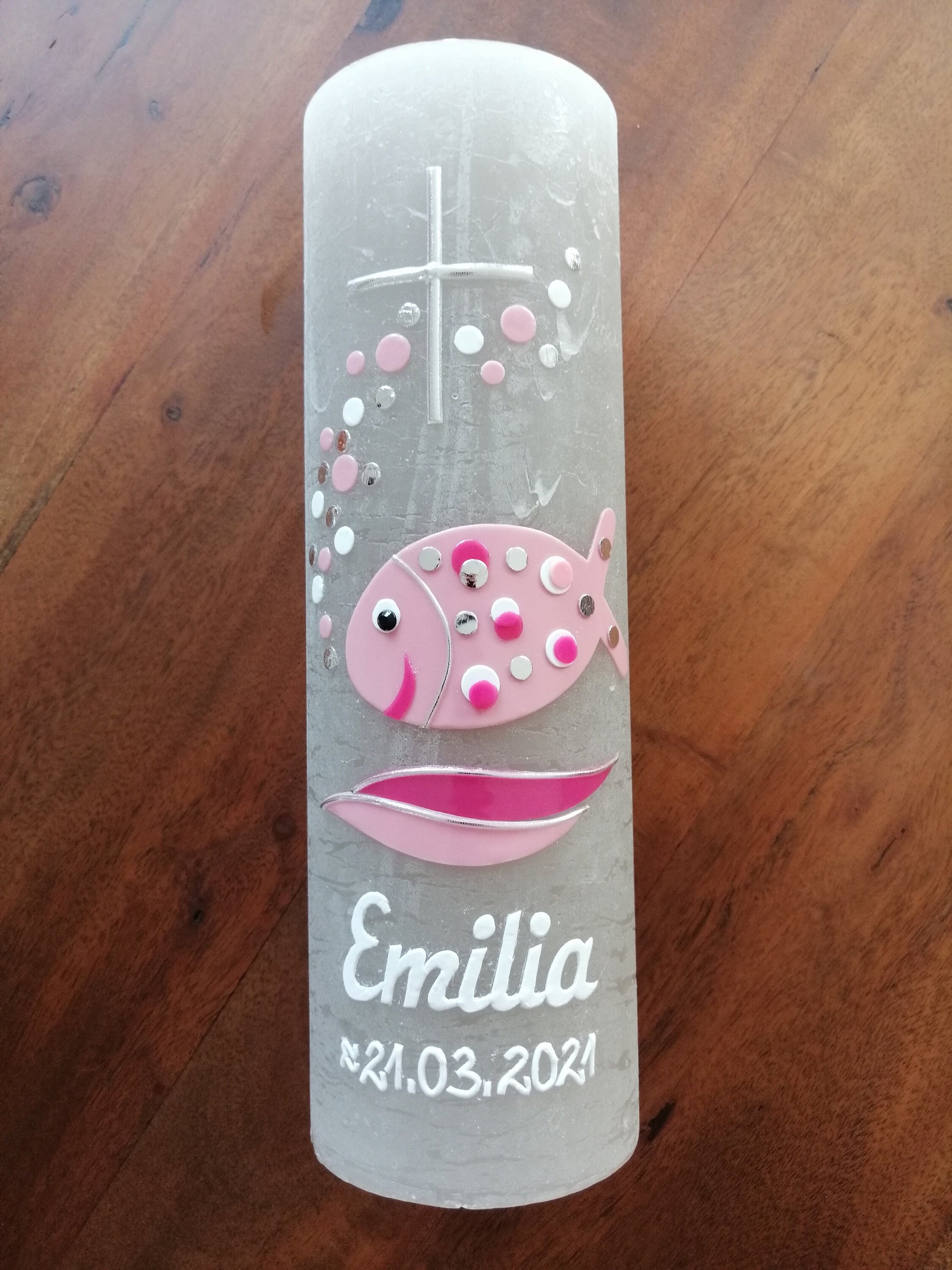 Taufkerze Mädchen,Fisch, Rustikal, rosa, Kreuz