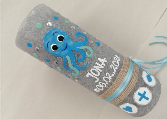 Taufkerze Oktopus, Rustikal RUSTICA, VINTAGE-Look, SHABBY, Mädchen, Junge, Kerze, keine Folie, Wachsbeschriftung, Farbwünsche möglich