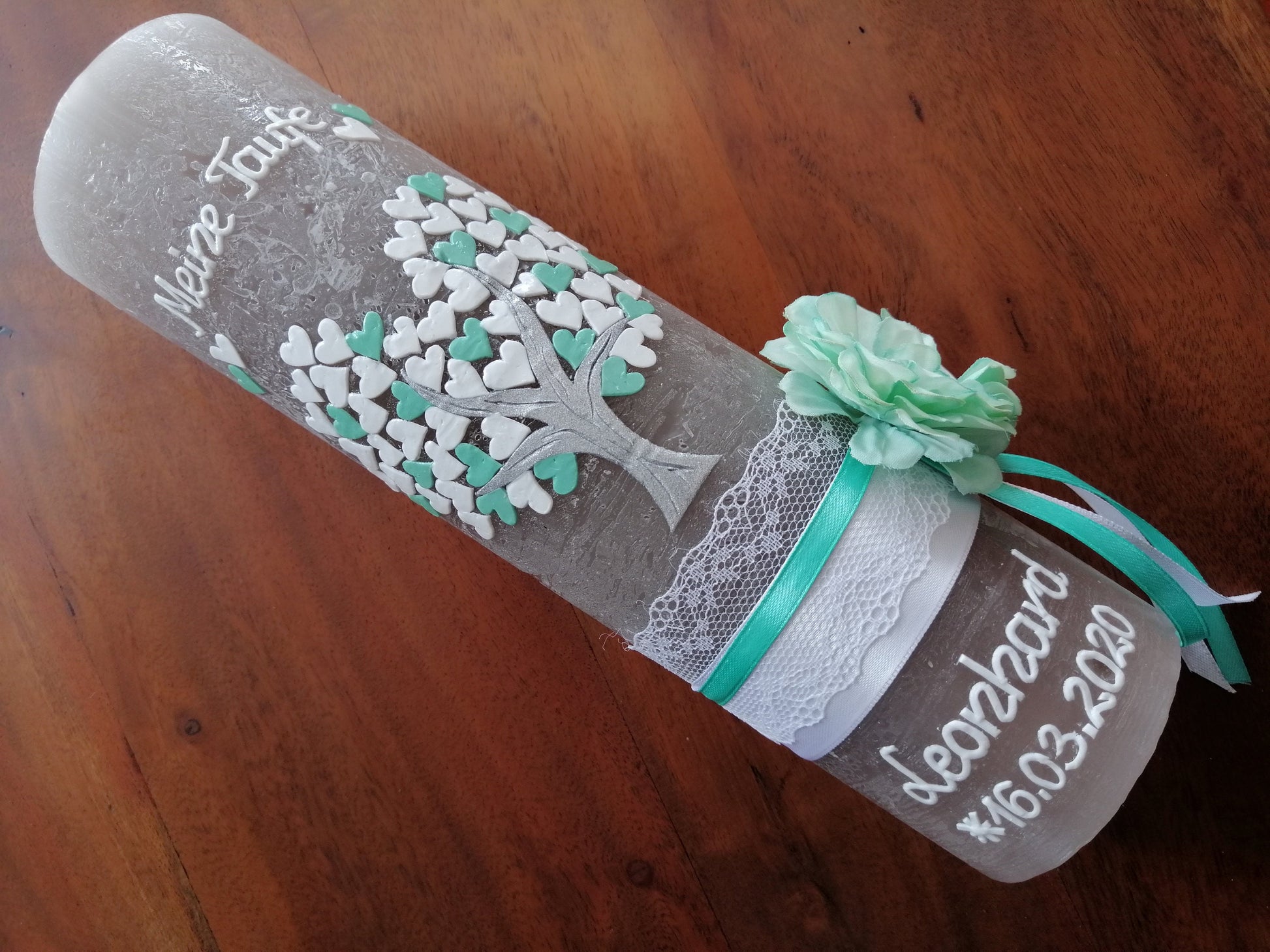 Taufkerze, Lebensbaum, grün, grau, Mädchen, Jungen, Rustikal, Rustical, Rustika, Rustica, Vintage - Look, Shabby