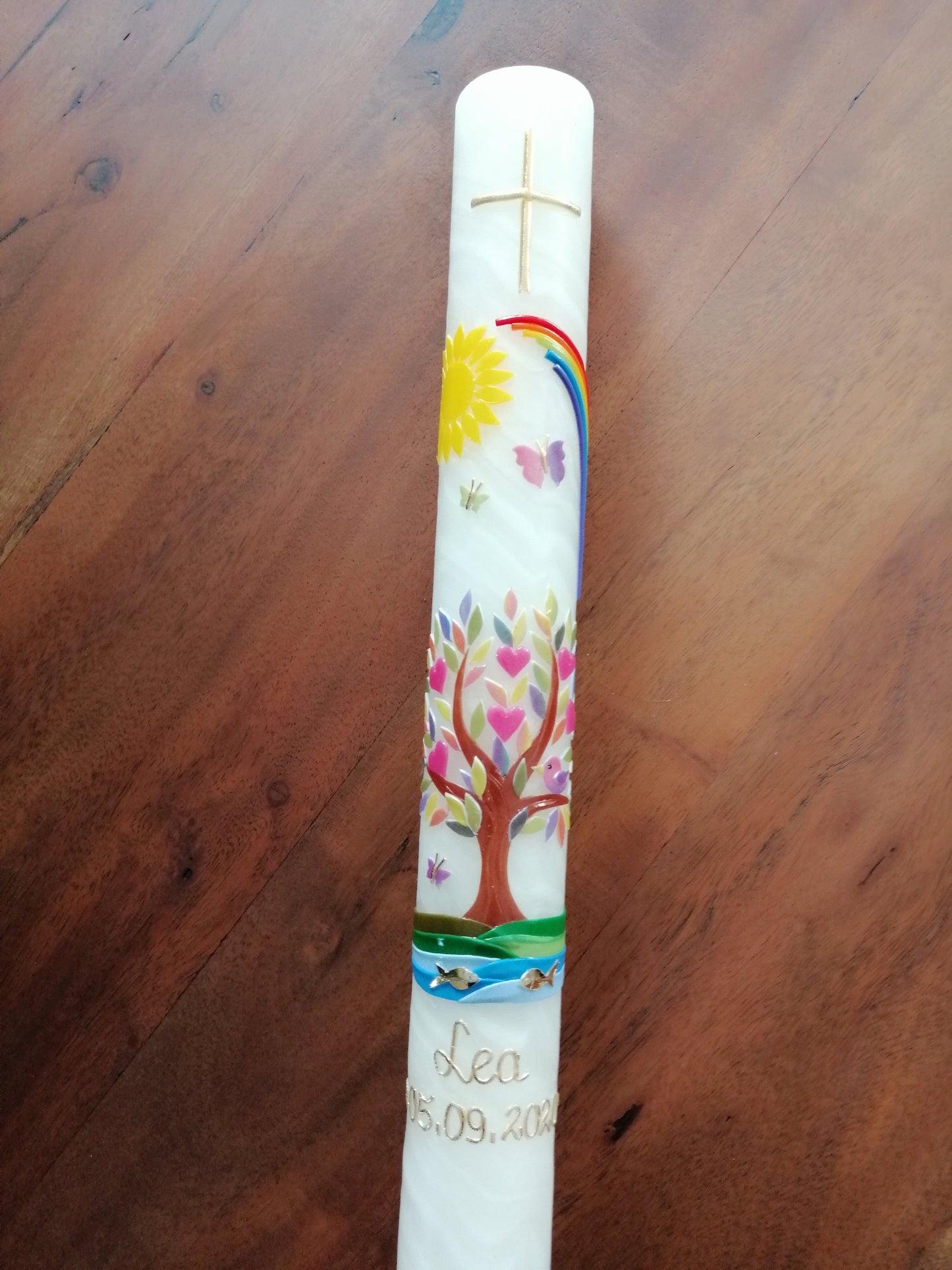 Kommunionkerze, Taufkerze, Lebensbaum, Mädchen, Jungen, Kreuz, Sonne, Regenbogen, Schmetterling, 25 % Bienenwachs, handgeknetet, sehr edel