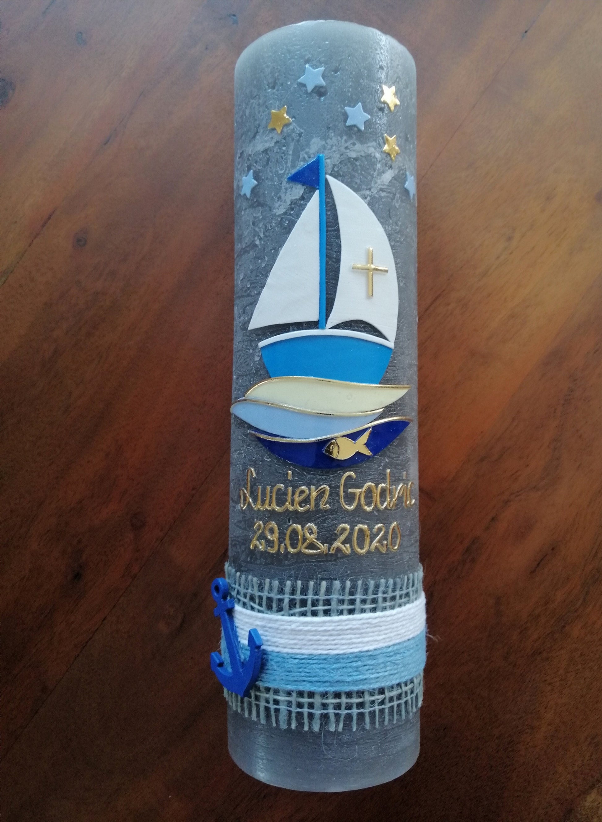 Taufkerze, Boot, Arche, Junge, Mädchen, blau, silber, Kreuz, Sterne, Rustika, Rustikal, Rustica, Rustical, Shabby, Vintage-Look, maritim