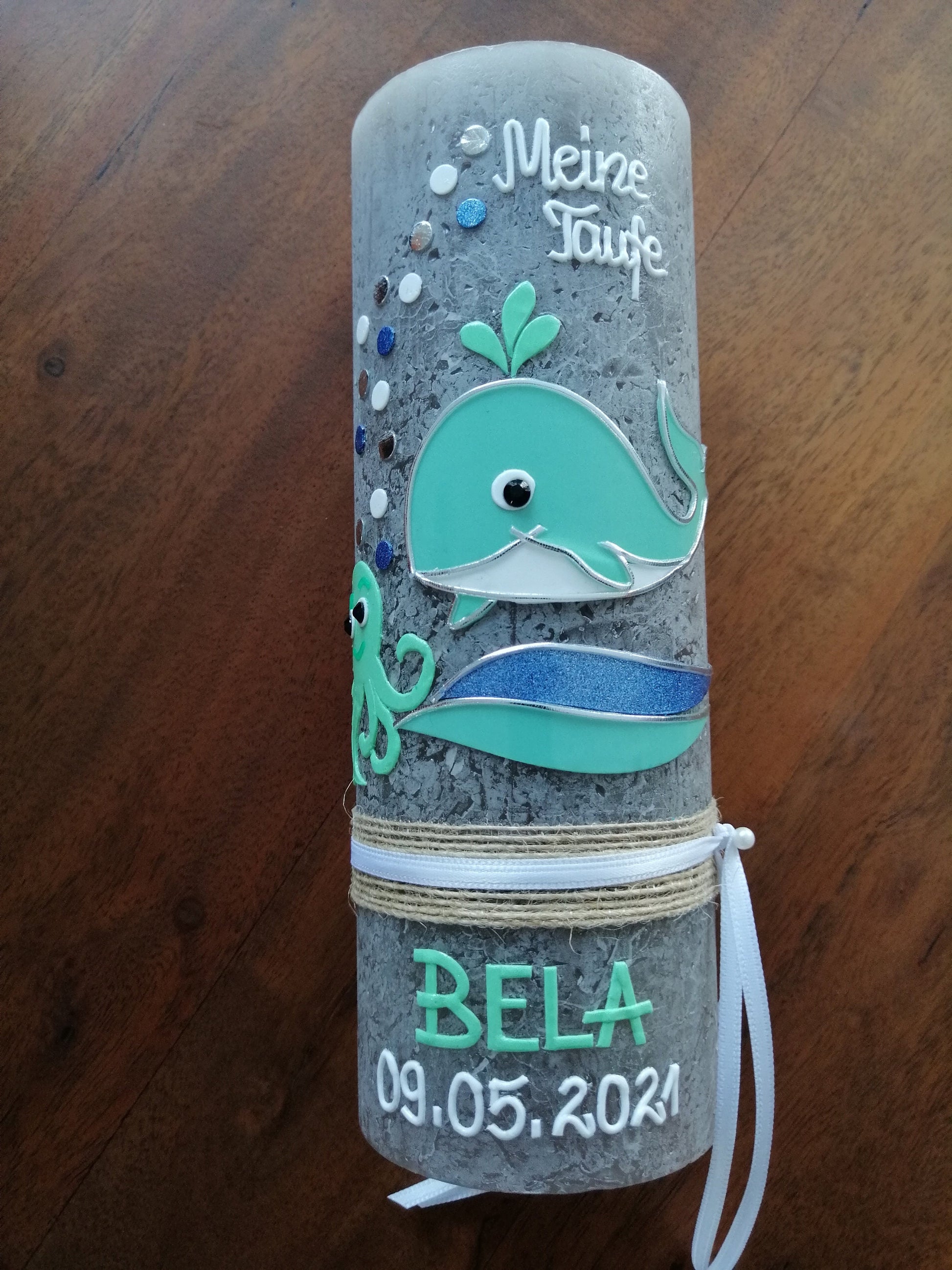 Taufkerze Wal, Oktopus, Rustikal RUSTICA, VINTAGE-Look, SHABBY, Mädchen, Junge, Kerze, keine Folie, Wachsbeschriftung, Farbwünsche möglich