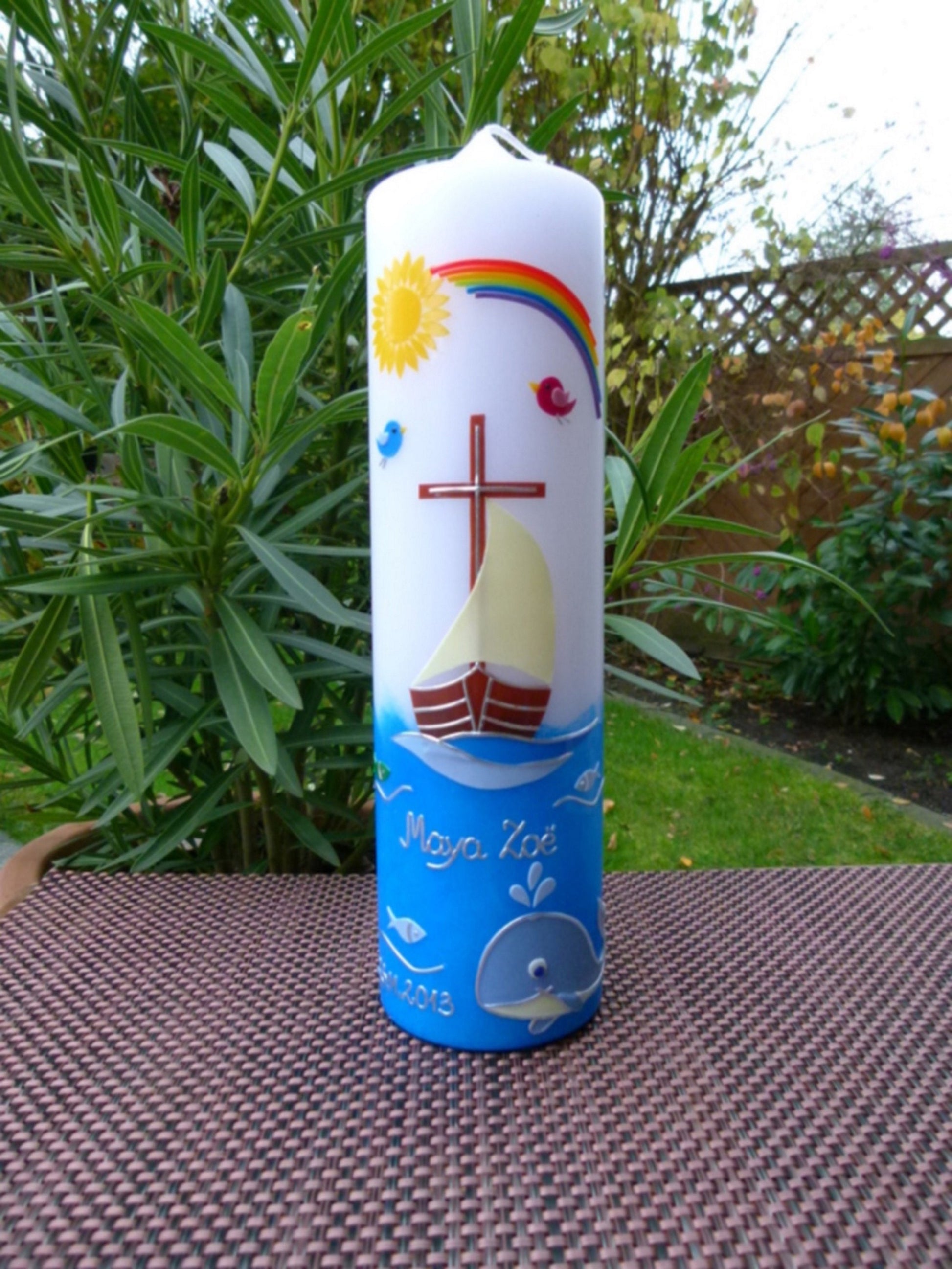 Taufkerze Boot Kreuz Arche Wal Mädchen Jungen Sonne Regenbogen Schiff Vögel modern bunt Kommunionkerze Kommunionskerze Farbwünsche möglich