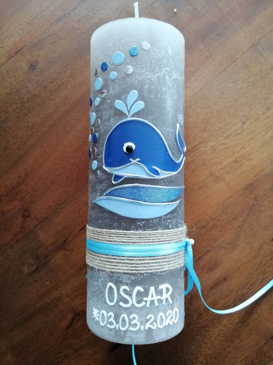 Taufkerze Wal Jungen Fisch Wasser blau Mädchen Farbwünsche möglich Rustikal Rustical Rustica Rustika Vintage-Look, Shabby Wachsverzierungen