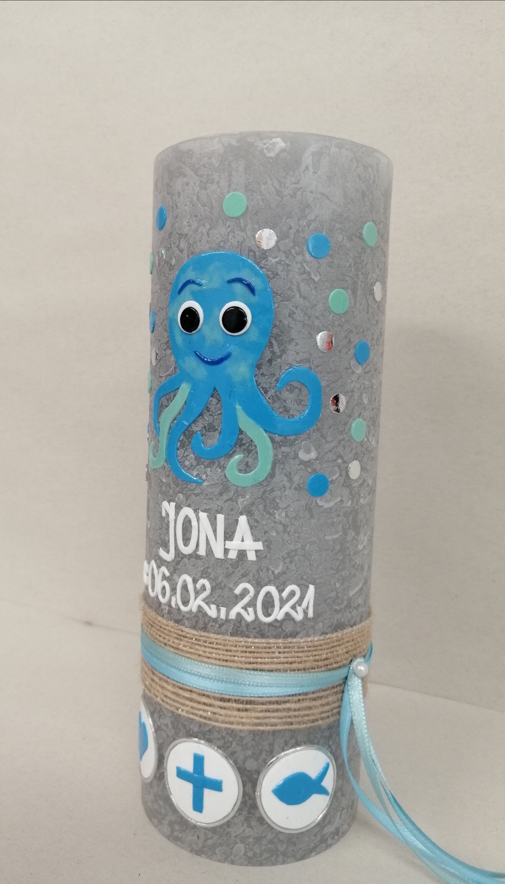 Taufkerze Oktopus, Rustikal RUSTICA, VINTAGE-Look, SHABBY, Mädchen, Junge, Kerze, keine Folie, Wachsbeschriftung, Farbwünsche möglich