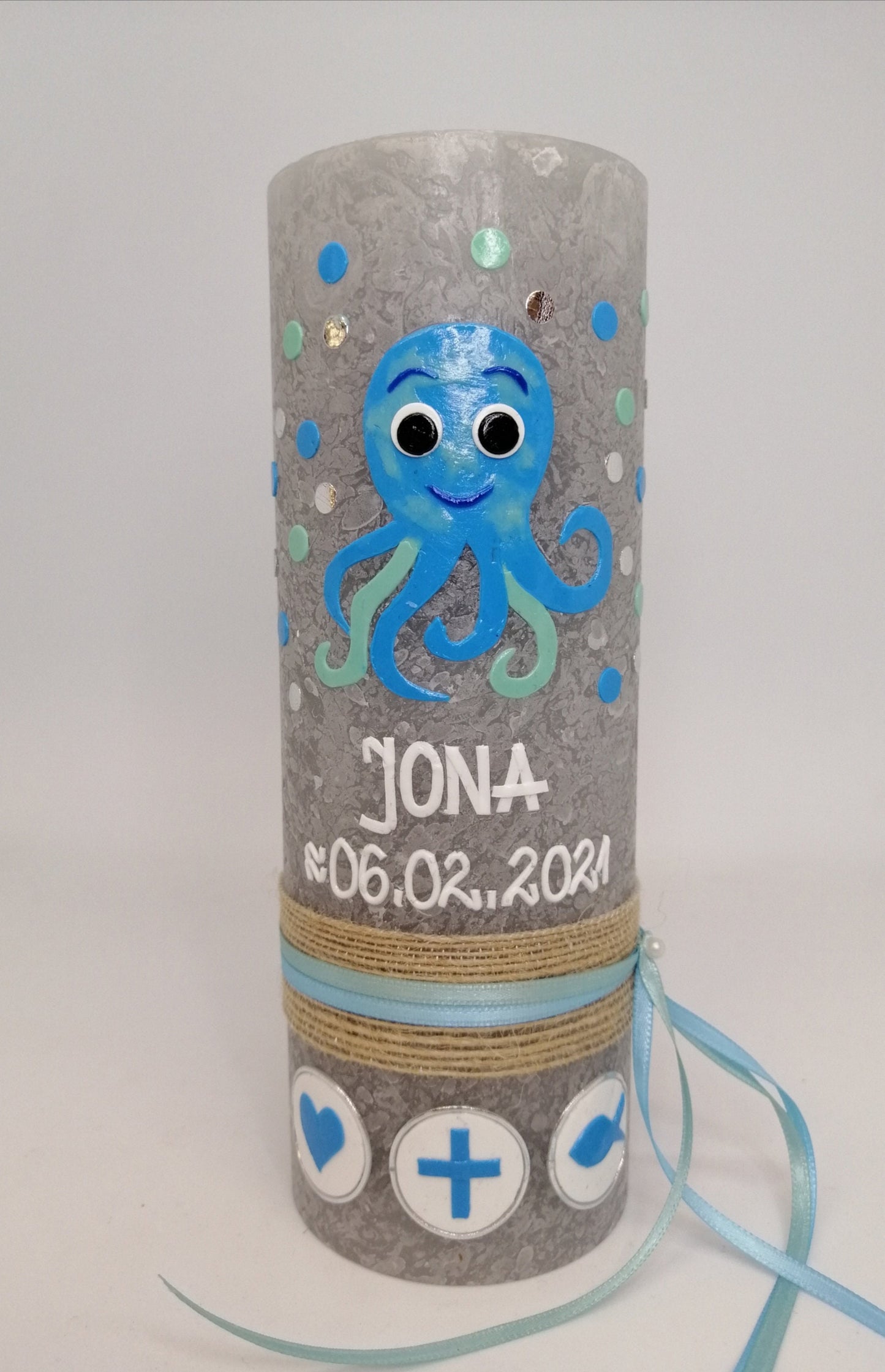 Taufkerze Oktopus, Rustikal RUSTICA, VINTAGE-Look, SHABBY, Mädchen, Junge, Kerze, keine Folie, Wachsbeschriftung, Farbwünsche möglich