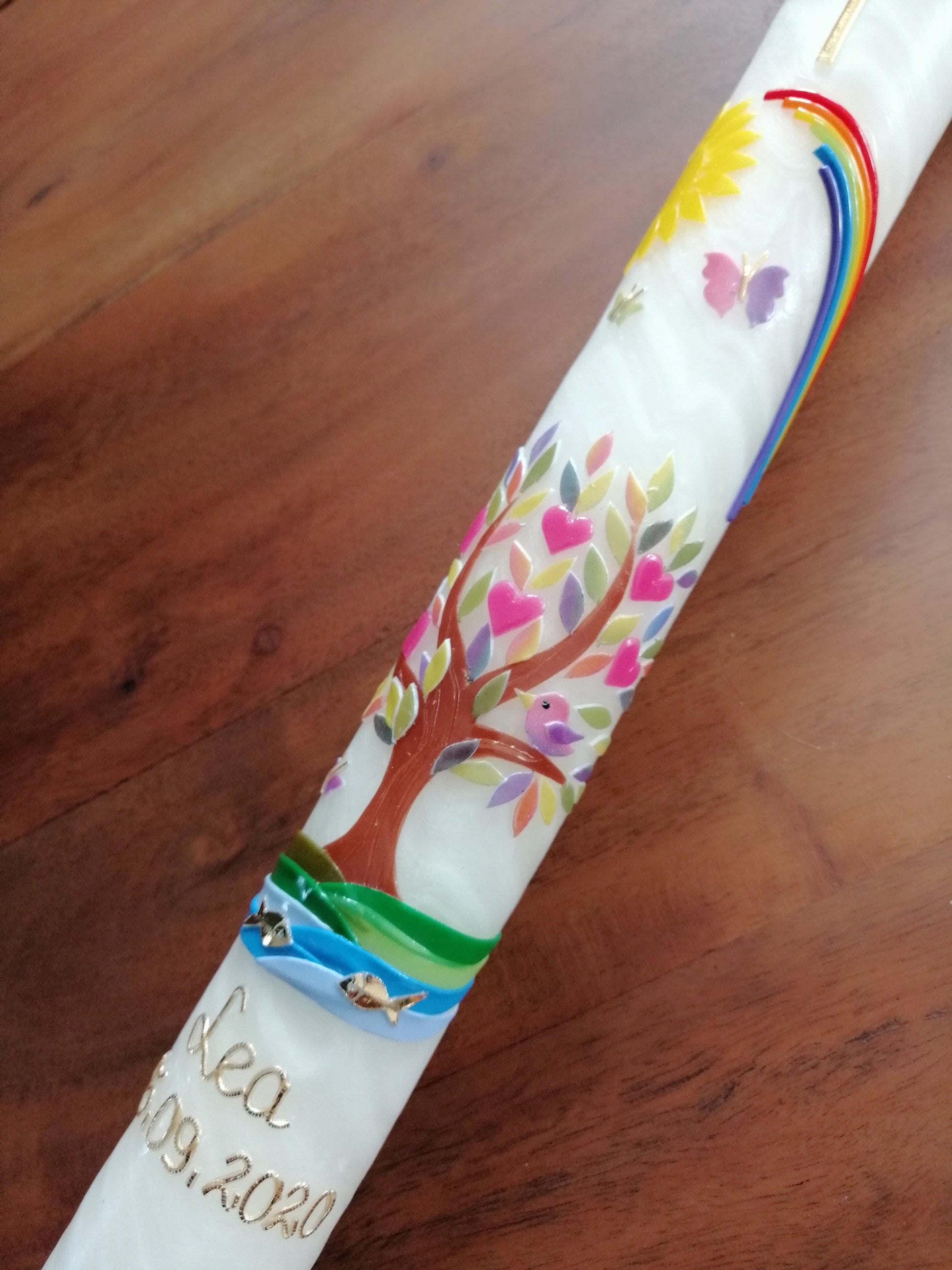 Kommunionkerze, Taufkerze, Lebensbaum, Mädchen, Jungen, Kreuz, Sonne, Regenbogen, Schmetterling, 25 % Bienenwachs, handgeknetet, sehr edel