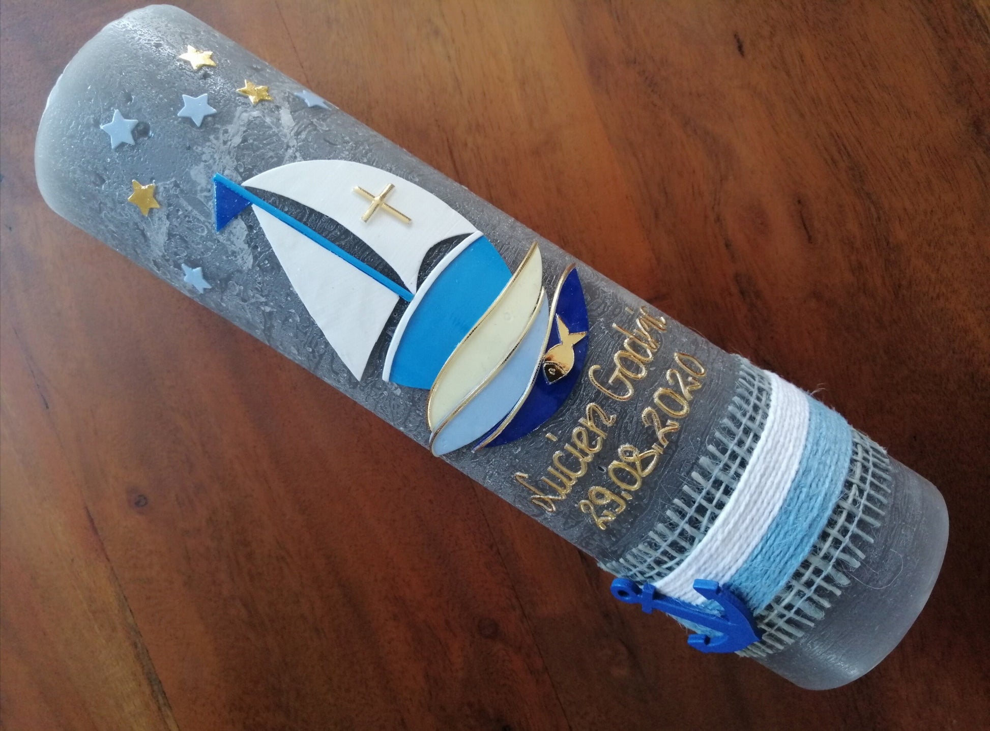 Taufkerze, Boot, Arche, Junge, Mädchen, blau, silber, Kreuz, Sterne, Rustika, Rustikal, Rustica, Rustical, Shabby, Vintage-Look, maritim