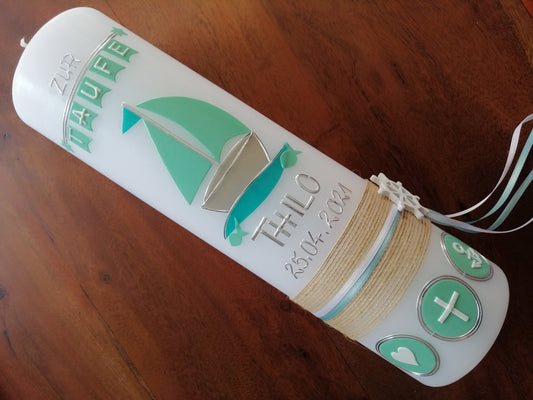 Taufkerze Arche, Boot, Noah inkl. Beschriftung, Mädchen, Junge,, Farbwünsche möglich, handgearbeitete Wachsverzierungen, katholische Taufe