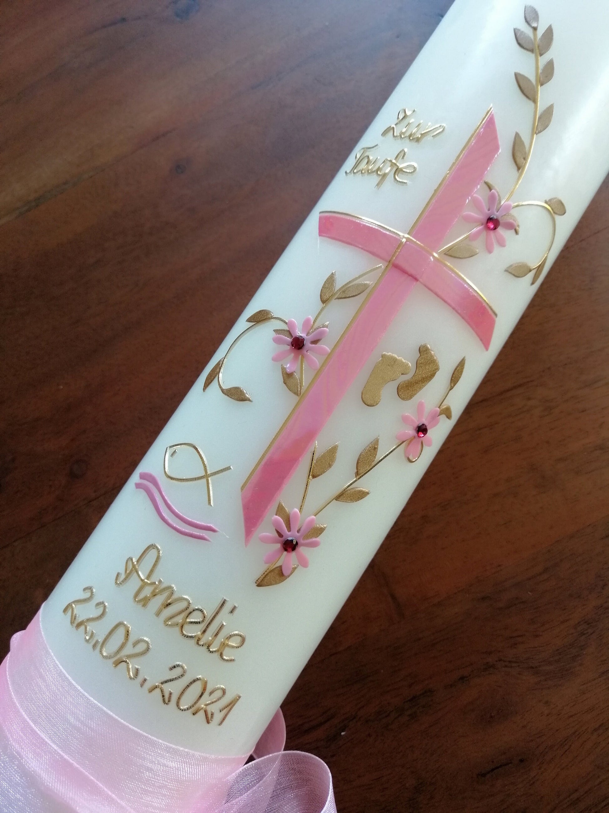 Taufkerze, Modern, Baptism , Rose, Gold, Kreuz, Mädchen, Junge, Kerze, Taufe, keine Folie, inkl. handgefertigter Wachsbeschriftung