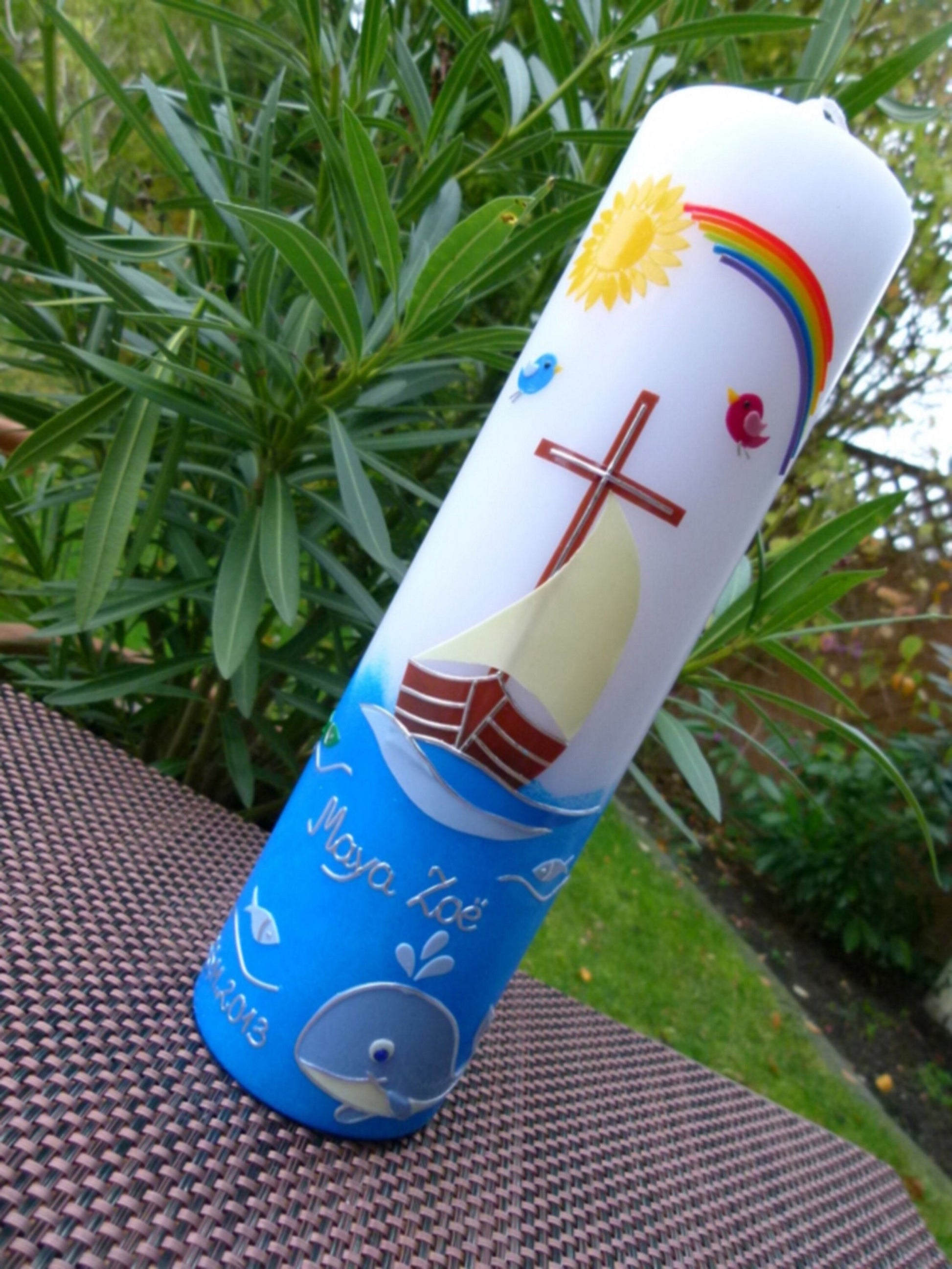 Taufkerze Boot Kreuz Arche Wal Mädchen Jungen Sonne Regenbogen Schiff Vögel modern bunt Kommunionkerze Kommunionskerze Farbwünsche möglich