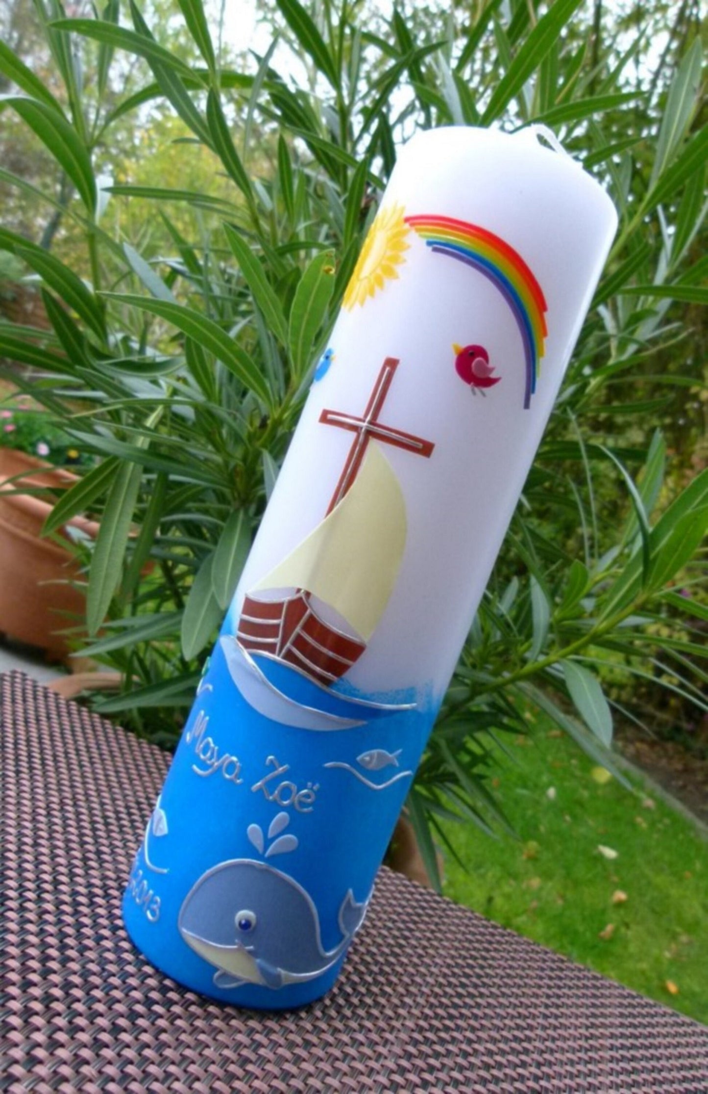 Taufkerze Boot Kreuz Arche Wal Mädchen Jungen Sonne Regenbogen Schiff Vögel modern bunt Kommunionkerze Kommunionskerze Farbwünsche möglich