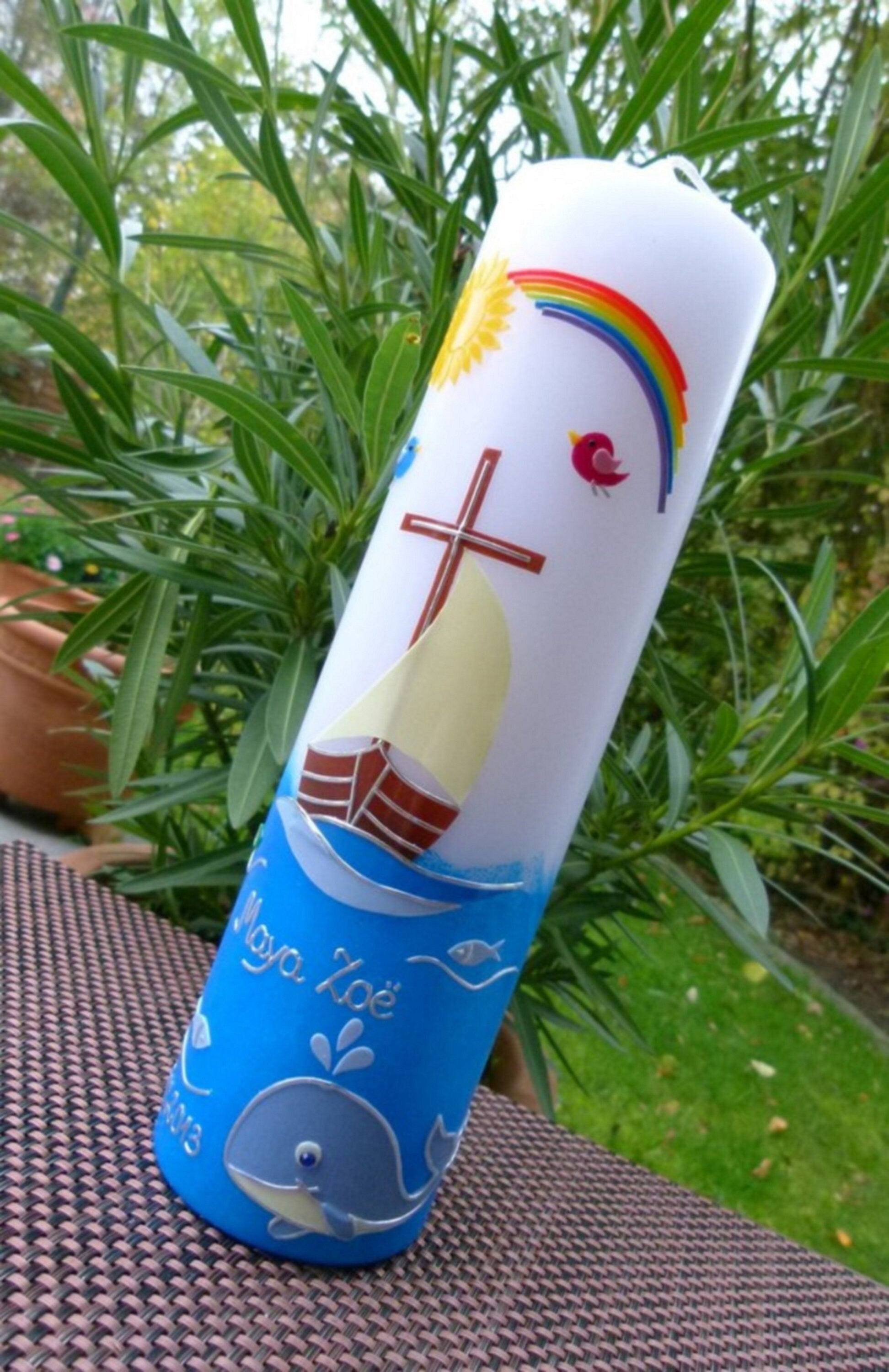 Taufkerze Boot Kreuz Arche Wal Mädchen Jungen Sonne Regenbogen Schiff Vögel modern bunt Kommunionkerze Kommunionskerze Farbwünsche möglich