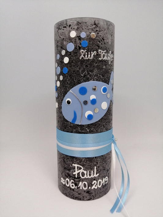 Fisch Taufkerze Jungen blau Rustikal Mädchen Farbwünsche Rustical Rustica Rustika Vintage-Look Shabby modern klassisch Wachsverzierungen