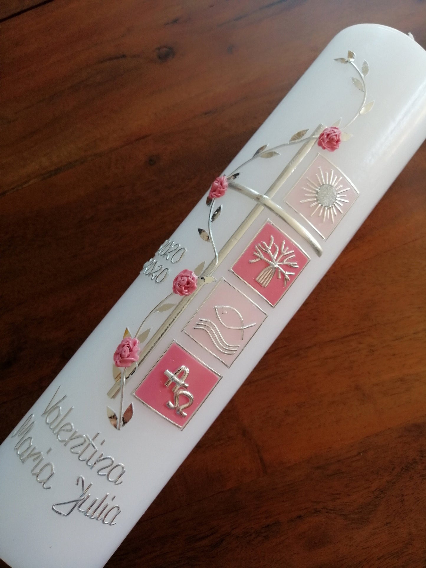 Taufkerze Mädchen Kreuz Junge rosa klassisch modern Kerze Handarbeit keine Folie inkl. Wachsbeschriftung katholische Taufe Kommunionkerze