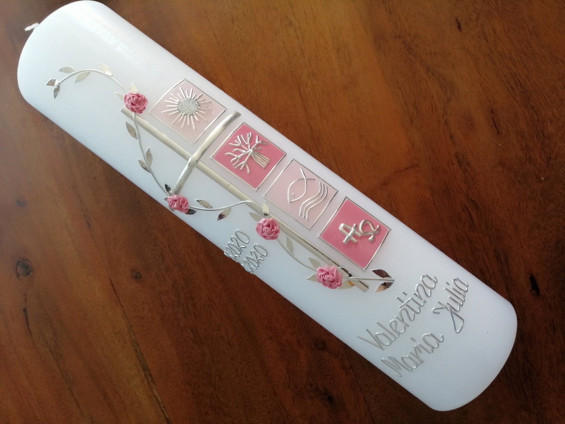 Taufkerze Mädchen Kreuz Junge rosa klassisch modern Kerze Handarbeit keine Folie inkl. Wachsbeschriftung katholische Taufe Kommunionkerze