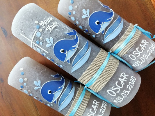 Taufkerzen Set Wal Kreuz Jungen blau Rustikal Patenkerzen Tischkerzen Fisch Rustical Vintage-Look Shabby Rustika Rustica Wachsverzierungen