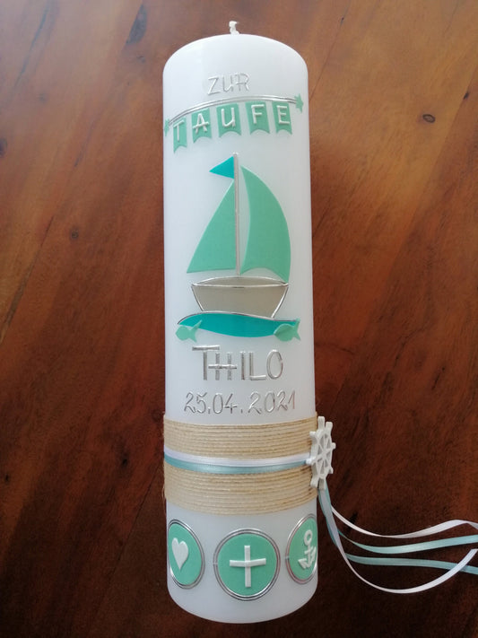 Taufkerze Arche, Boot, Noah inkl. Beschriftung, Mädchen, Junge,, Farbwünsche möglich, handgearbeitete Wachsverzierungen, katholische Taufe