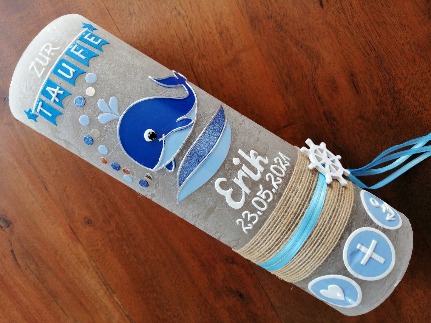 RUSTICA, VINTAGE-Look, SHABBY, Rustikal, Taufkerze, Wal, Fisch Mädchen, Junge, Kerze, keine Folie, Wachsbeschriftung, Farbwünsche möglich