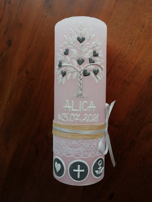 RUSTICA, VINTAGE-Look, SHABBY, Rustikal, Taufkerze, Lebensbaum, Baum, Mädchen, Kerze, keine Folie, Wachsbeschriftung, Farbwünsche möglich