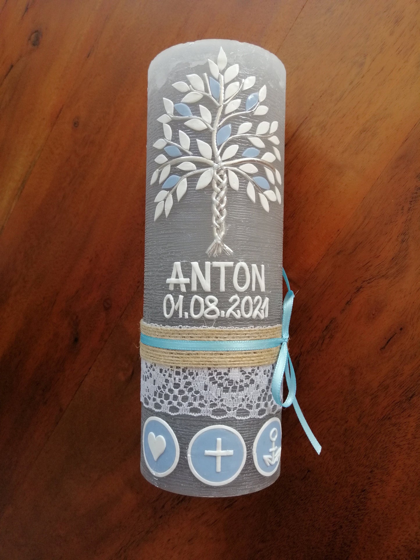 RUSTICA, VINTAGE-Look, SHABBY, Rustikal, Taufkerze, Lebensbaum, Baum, Jungen, Kerze, keine Folie, Wachsbeschriftung, Farbwünsche möglich