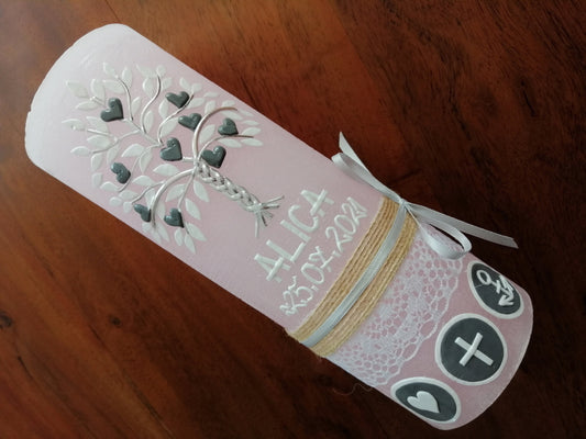 RUSTICA, VINTAGE-Look, SHABBY, Rustikal, Taufkerze, Lebensbaum, Baum, Mädchen, Kerze, keine Folie, Wachsbeschriftung, Farbwünsche möglich