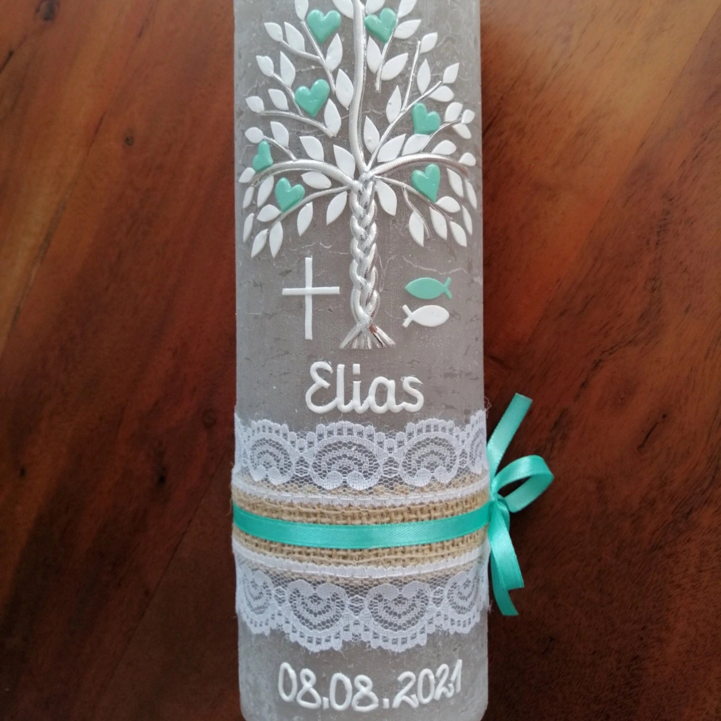 Taufkerze, Lebensbaum, Mädchen, Jungen, Kreuz, Herz, grün, Rustikal, Rustical, Rustika, Rustica, Vintage-Look, Shabby, Farbwünsche