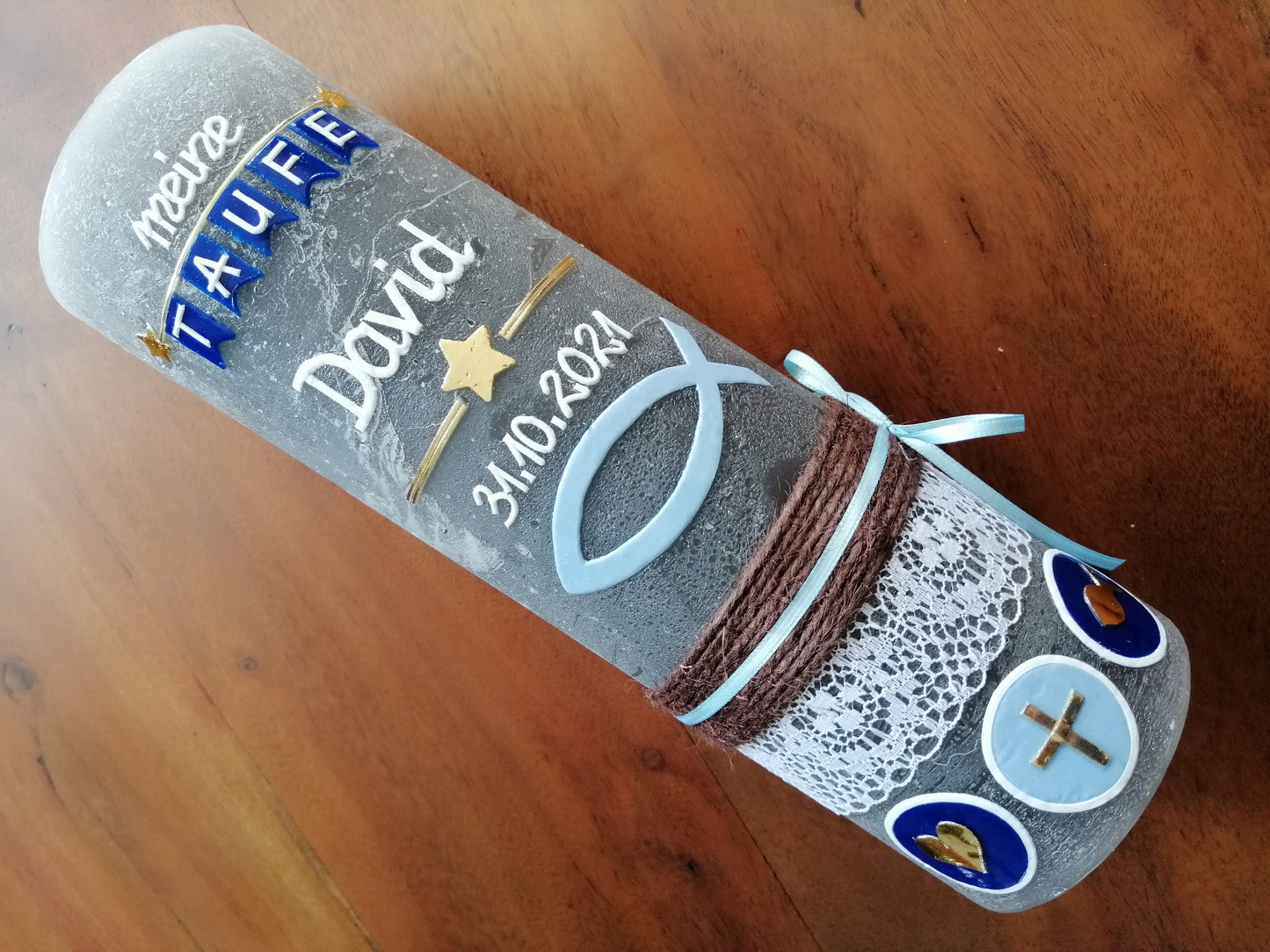 Taufkerze RUSTICA, Vintage-Look, SHABBY, Rustikal, Vorname + ICHTHYS - Fisch, Mädchen, Junge, Kerze, Taufe, inkl Wachsbeschriftung