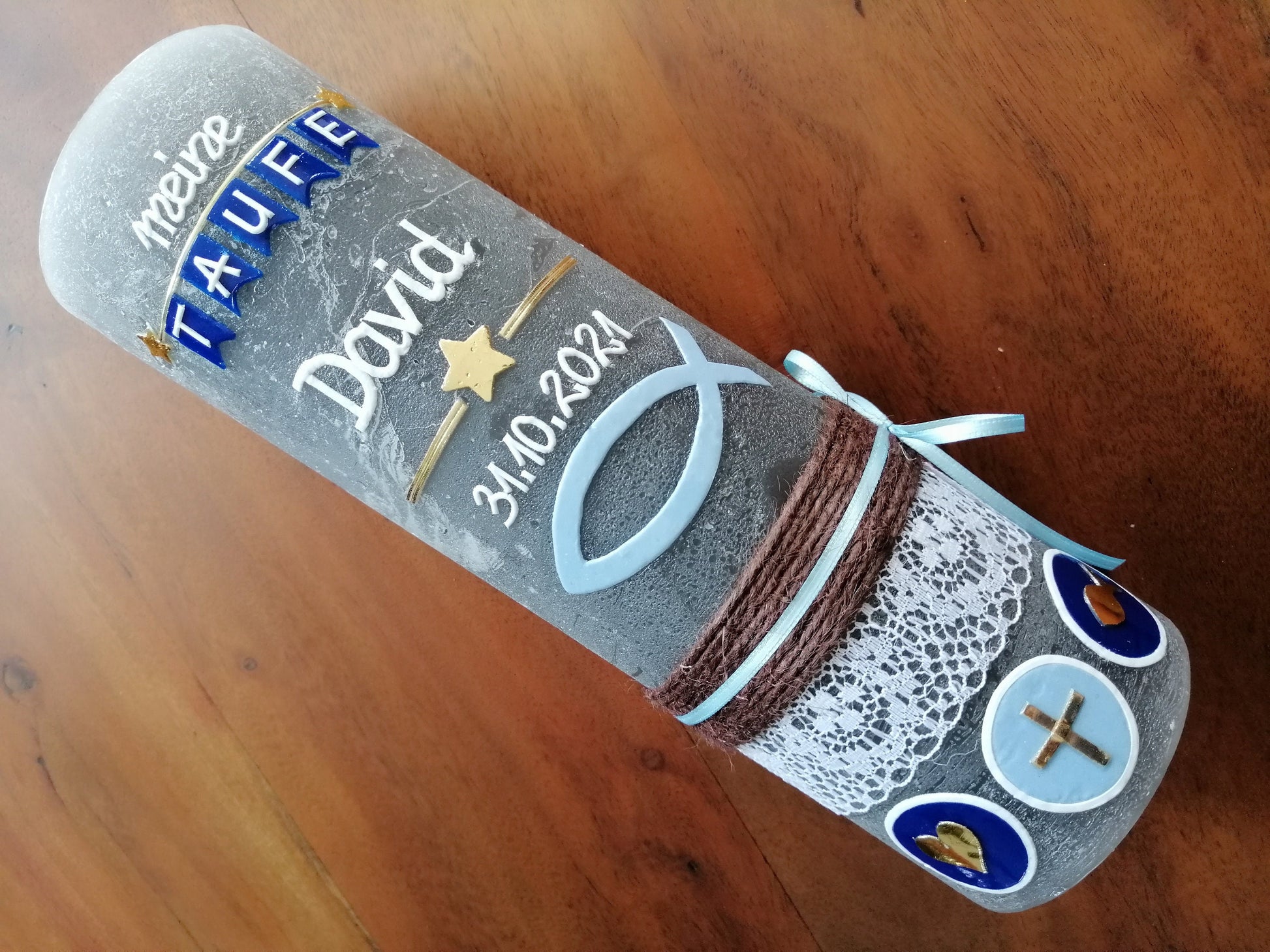 Taufkerze RUSTICA, Vintage-Look, SHABBY, Rustikal, Vorname + ICHTHYS - Fisch, Mädchen, Junge, Kerze, Taufe, inkl Wachsbeschriftung