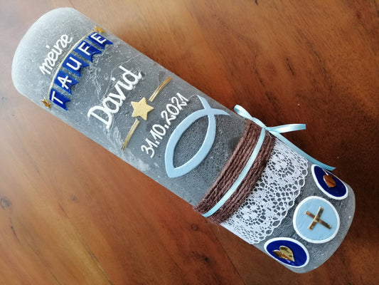 Taufkerze RUSTICA, Vintage-Look, SHABBY, Rustikal, Vorname + ICHTHYS - Fisch, Mädchen, Junge, Kerze, Taufe, inkl Wachsbeschriftung