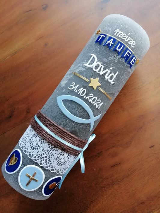 Taufkerze RUSTICA, Vintage-Look, SHABBY, Rustikal, Vorname + ICHTHYS - Fisch, Mädchen, Junge, Kerze, Taufe, inkl Wachsbeschriftung