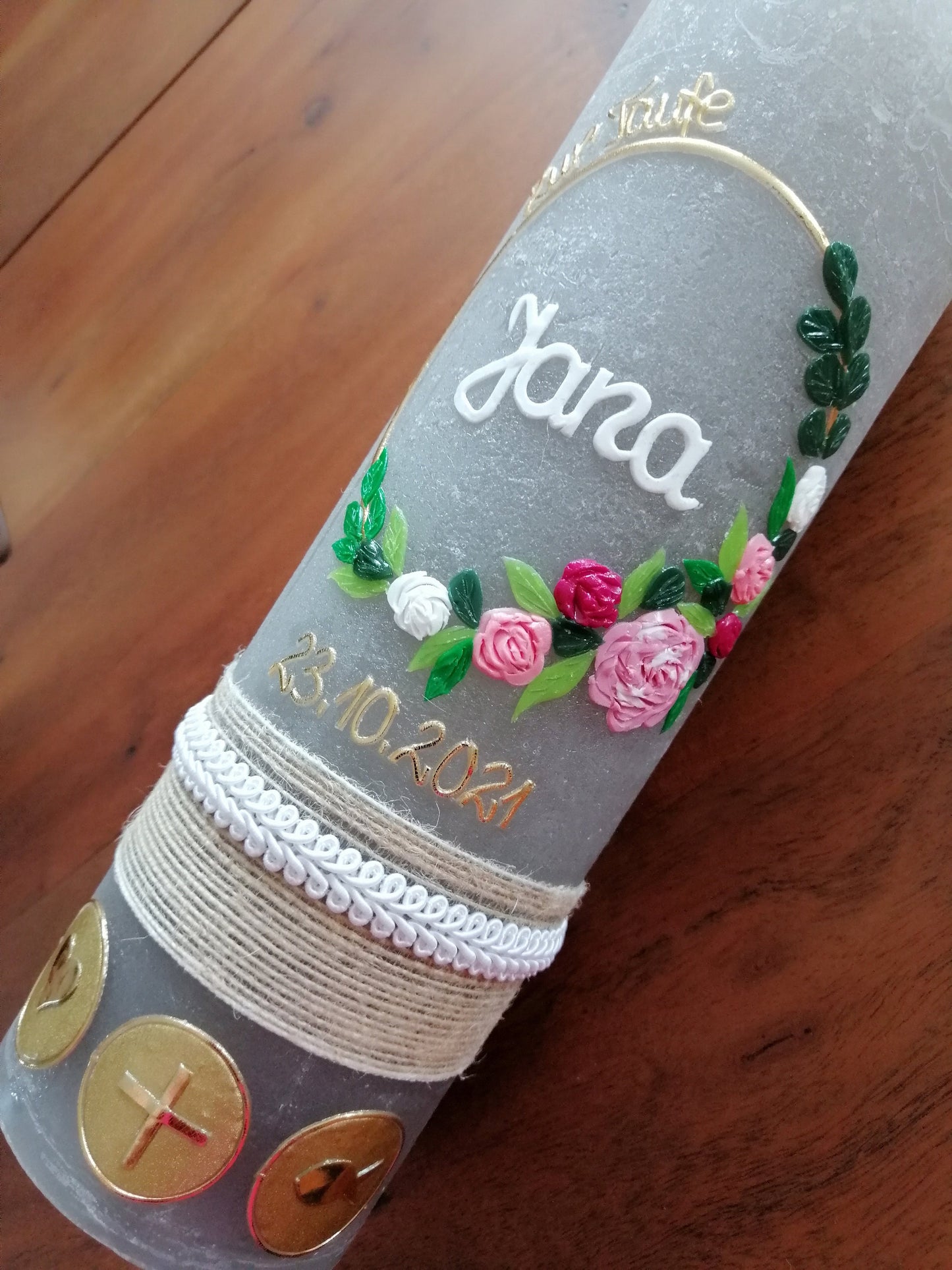 RUSTICA, VINTAGE-Look, SHABBY, Rustikal, Taufkerze, Blumen, floral, Mädchen, Kerze, keine Folie, Wachsbeschriftung, Farbwünsche möglich