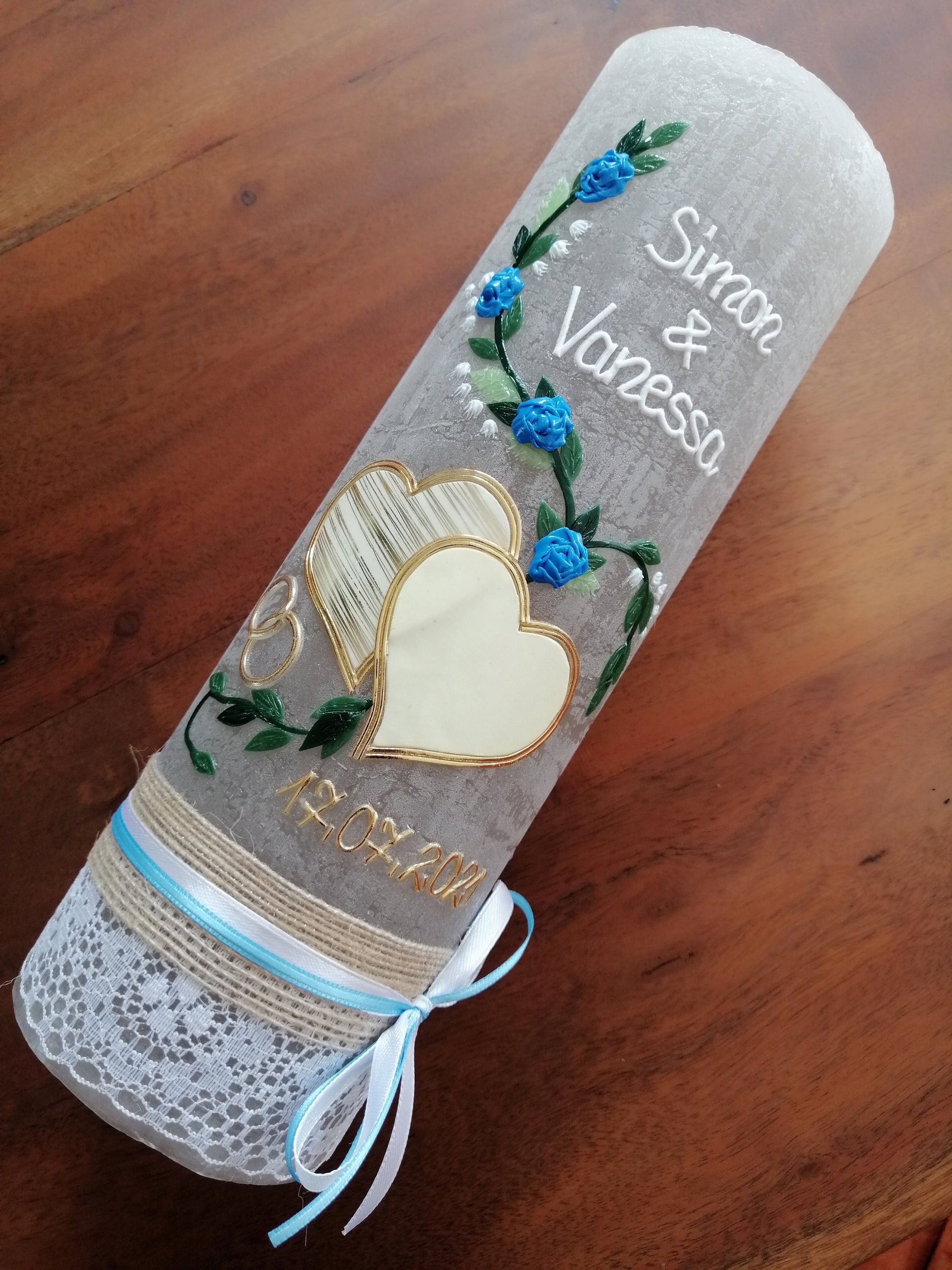 Hochzeitskerze Rustikal Rustica, Vintage-Look, Shabby, Hochzeitkerze, Brautkerze, Liebende Herzen, inkl Wachsbeschriftung