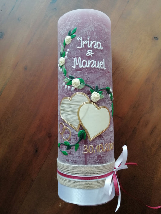 Hochzeitskerze Rustikal Rustica, Vintage-Look, Shabby, Hochzeitkerze, Brautkerze, Liebende Herzen,Wachsbeschriftung, Holzteller