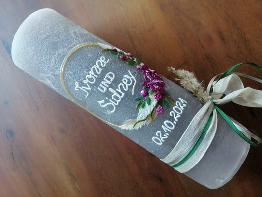 Hochzeitskerze RUSTICA, VINTAGE-Look, SHABBY, Rustikal, Hochzeitkerze, Brautkerze Flora, inkl Wachsbeschriftung