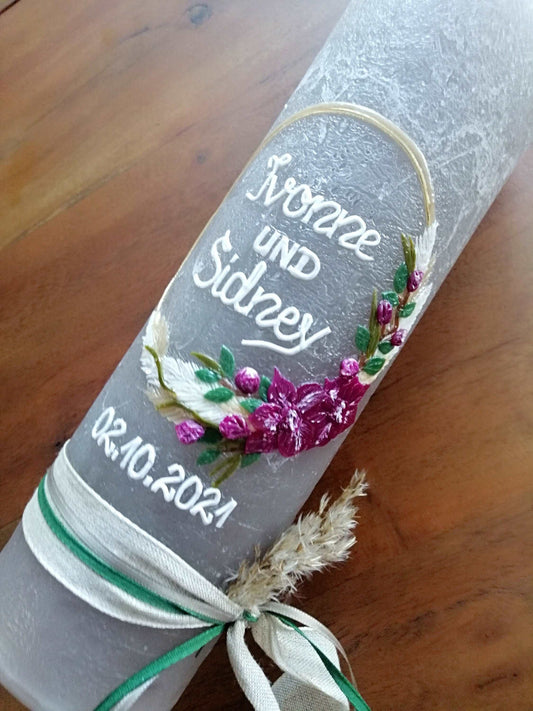 Hochzeitskerze RUSTICA, VINTAGE-Look, SHABBY, Rustikal, Hochzeitkerze, Brautkerze Flora, inkl Wachsbeschriftung