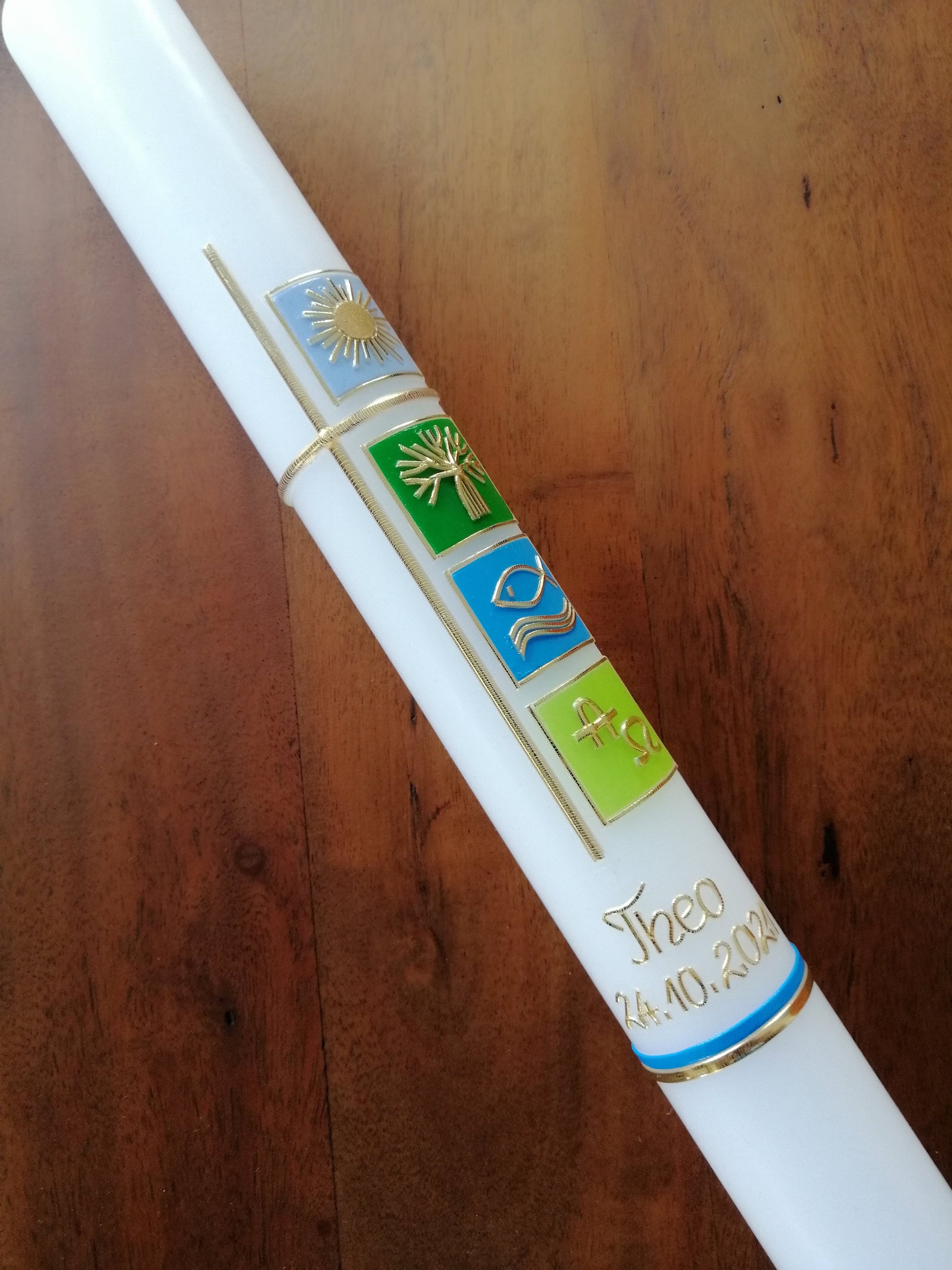 Kommunionkerze Taufkerze Junge 40x4, Kreuz, blau, grün