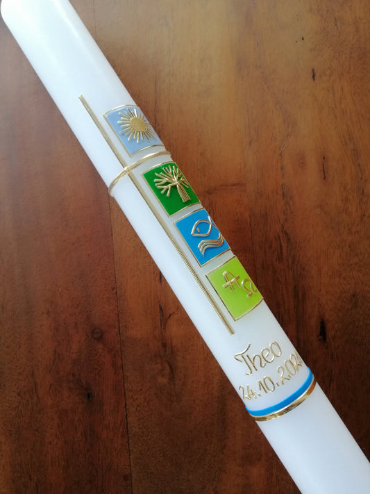 Kommunionkerze Taufkerze Junge 40x4, Kreuz, blau, grün