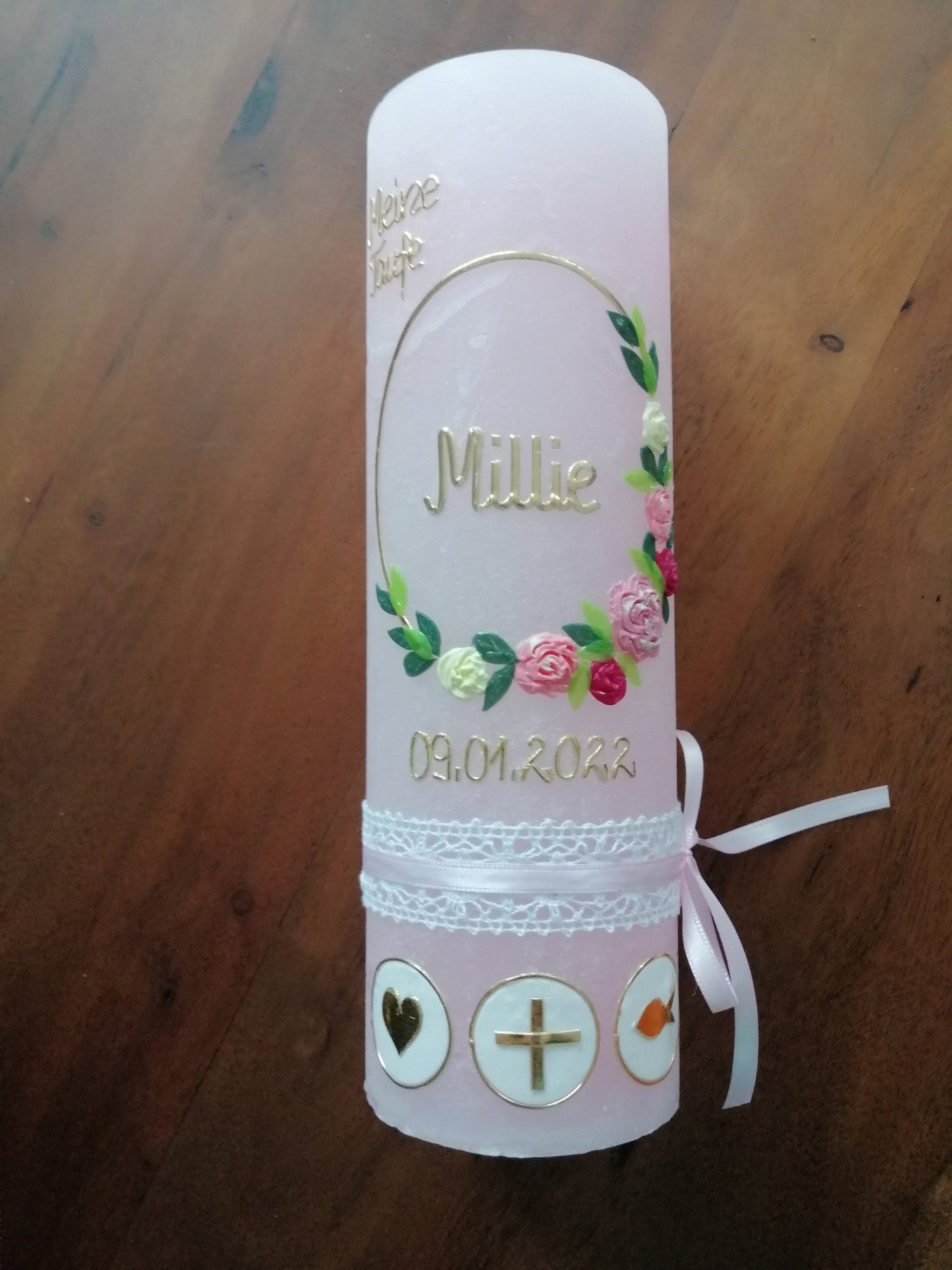 Kerze RUSTICA, Taufkerze Blumen floral, Mädchen, Love, Kranz, keine Folie, Wachsbeschriftung, Farbwünsche möglich