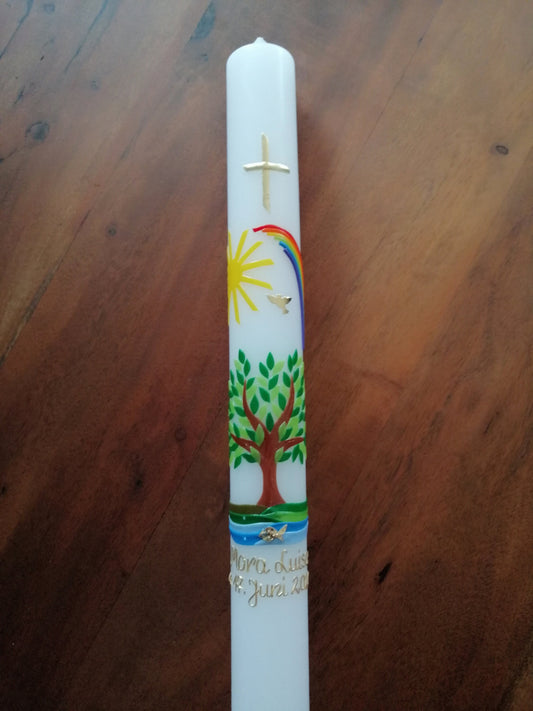 Taufkerze Kommunionkerze Lebensbaum Baum Mädchen Junge Handarbeit keine Folie inkl. Wachsbeschriftung Namensgebung freie Taufe