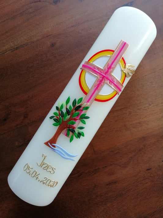 Kommunionkerze "Du gehst mit" Taufkerze Mädchen Jungen Lebensbaum Kreuz Taube Wasser