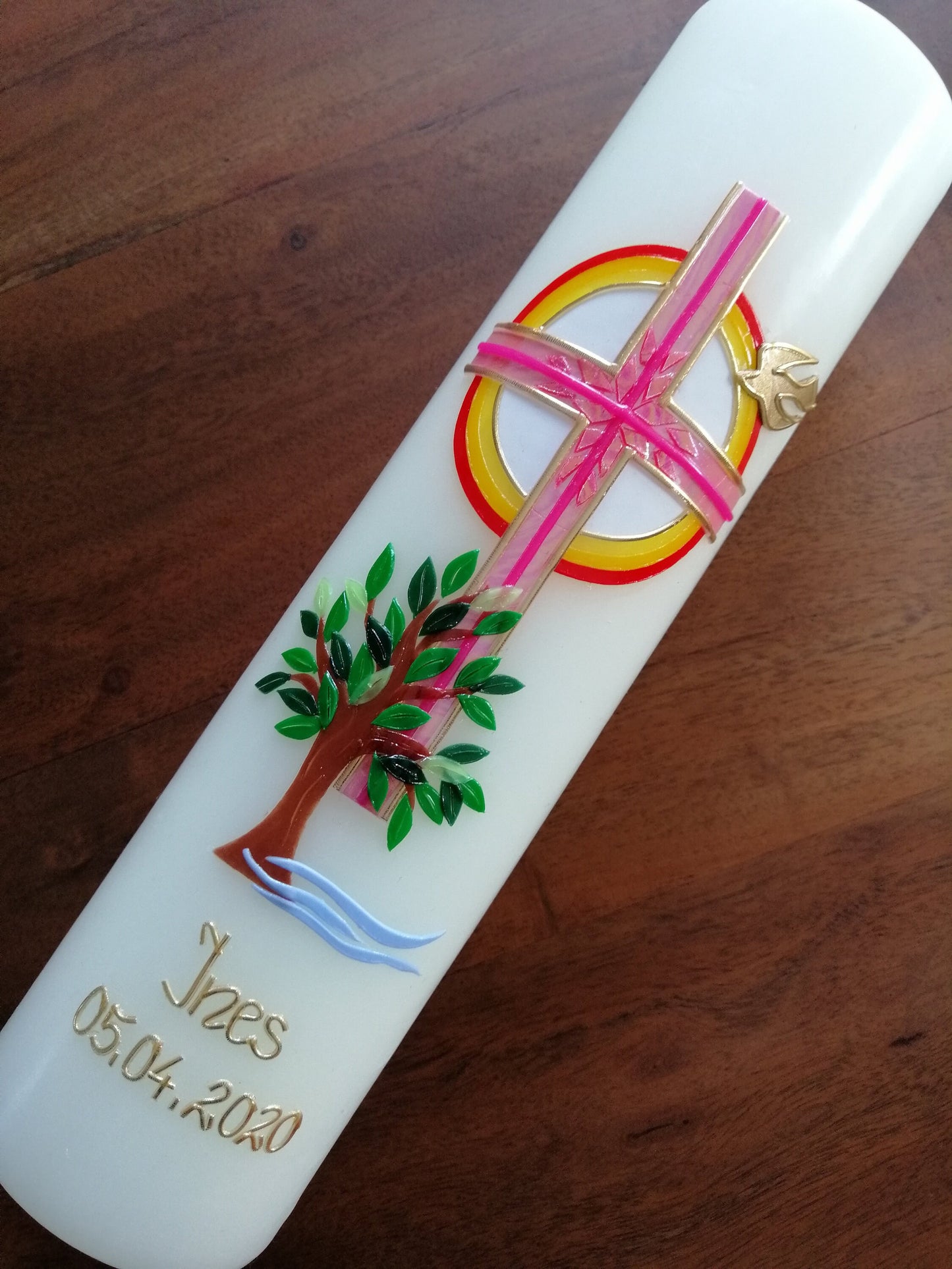 Kommunionkerze "Du gehst mit" Taufkerze Mädchen Jungen Lebensbaum Kreuz Taube Wasser